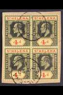 1908-11 KEVII 4d Black & Red/yellow, Ordinary Paper, SG 66b, BLOCK OF 4, Very Fine Cds Used Tied To A Neatly Clipped Pie - Sainte-Hélène