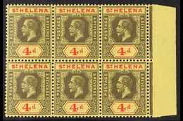 1912 KGV 4d Black & Red/yellow, SG 83, Marginal Block Of 6, Five Stamps Are Never Hinged Mint (6 Stamps) For More Images - Sint-Helena