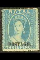 NATAL 1869 3d Blue, Rough Perf 14 - 16, Ovptd Small Capitals With Stop, SG 54, Very Fine Mint, Large Part Og. Pretty Sta - Zonder Classificatie