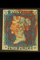 1840 2d Blue 'RD' Plate 1, SG 5, Used With 4 Clear To Large Margins & Almost Complete Centraly Struck Red MC Cancellatio - Autres & Non Classés