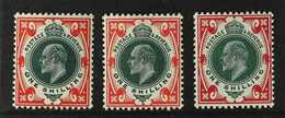 1911-13 KEVII SOMERSET HOUSE SHADES 1s Dark Green & Scarlet (SG 312), 1s Deep Green & Scarlet (SG 313) & 1s Green & Carm - Unclassified