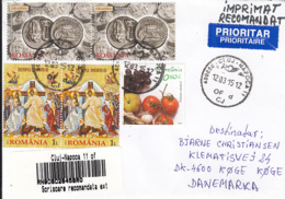 ICONS, HEALTHY FOOD, ARCHAEOLOGY, COINS, STAMPS ON REGISTERED COVER, 2015, ROMANIA - Brieven En Documenten