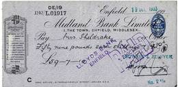 UK Cheque Midland Bank, Enfield Branch Dated 19.10.1933 Stamp Duty 2d Imprint  Used - Schecks  Und Reiseschecks