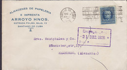 ARROYO HERMANOS Slogan Flamme 'Tabaco Smoke Cuban Cigars' SANTIAGO DE CUBA 1926 Cover Letra HAMBURG Germany - Briefe U. Dokumente