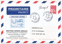 FRANCE - Env Depuis YUTZ (Moselle) 17/9/2001 - Meeting Aérien Annulé Suite Attentats USA - Vignette Transport Pli Avion - 1960-.... Brieven & Documenten