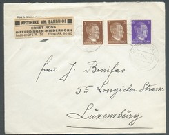 HITLER 3pfg (x2)-6 Ppfg Obl. Dc DIFFERDINGEN Sur Lettre (Apotheke Am Bahnhof Niederkorn) Du 23-3-1942 Vers Luxembourg. - - 1940-1944 Ocupación Alemana