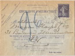 ENVELOPPE PNEUMATIQUE..30 CT  VIOLET .. E.P.P 3...42 VILLES AU VERSO...  VOIR SCAN  1915.  TBE - Pneumatiques