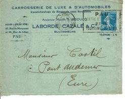 1926 - Envel. Publicitaire "CARROSSERIE DE LUXE & D'AUTOMOBILES - Caoutchoutage De Roues   " Ets LABORDE, (Pau) - Automobil