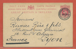 LEVANT ANGLAIS ENTIER POSTAL DE CONSTANTINOPLE DE 1909 POUR LYON FRANCE - Brits-Levant