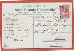 TURQUIE CARTE POSTALE AFFRANCHIE DE JERUSALEM DE 1908 POUR MULHOUSE ALSACE - Lettres & Documents