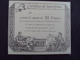 FRANCE- Erinnophilie -      "certificat Souscription PHILEX FRANCE 89  -  N° 3230071 "    Net   1 - Esposizioni Filateliche