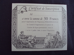 FRANCE- Erinnophilie -      "certificat Souscription PHILEX FRANCE 89  -  N° 3230073 "    Net   1 - Esposizioni Filateliche