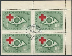 O 1957 Postáskórház 10 Ft ívsarki Négyestömb ,,folt A + Jelnél' Lemezhibával - Autres & Non Classés