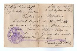 VP16.878 - MILITARIA - 1915 - Ordre De Misson - Soldat E. PAJARD De COULOMMIERS Au 36 è Rgt Tal D'Infanterie - Documentos