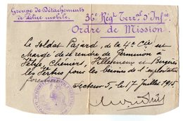 VP16.879 - MILITARIA - 1915 - Police - Ordre De Misson - Soldat E. PAJARD De COULOMMIERS Au 36 è Rgt Tal D'Infanterie - Documenten