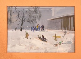 Csergezán Jelzéssel: Fiatalok A Havas Parkban (vázlat). Tempera, Papír, 20×28 Cm - Other & Unclassified