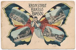 T4 1913 Brassó, Kronstadt, Brasov; Szecessziós Pillangós Hölgy Montázs Művészlap / Art Nouveau Montage With Butterfly La - Non Classés