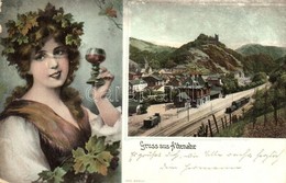 T2/T3 Altenahr, Bahnhof / Railway Station. Lady With A Glass Of Wine Montage. Heliocolorkarte Von Ottmar Zieher (EK) - Unclassified