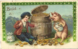 * T3 Boldog újévet! / New Year Greeting, Coin Barrel. Golden Decorated Litho (fa) - Sin Clasificación