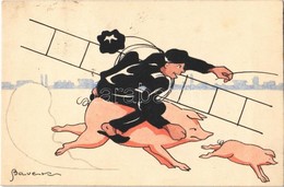 T2 1930 New Year. Chimney Sweeper Riding On A Pig. Hand-drawn - Non Classés