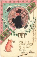 * T2/T3 Boldog újévet! / New Year. Art Nouveau, Floral, Emb. Litho Silk Card  (EK) - Ohne Zuordnung