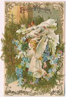 T2 Fröhliche Weihnachten! / Christmas. Art Nouveau Litho Postcard With Real Flower - Sin Clasificación