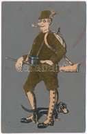 * T2/T3 Vadász Puskával és Kutyával. Textillap / Hunter With Gun And Dog. Textile Card  (Rb) - Sin Clasificación