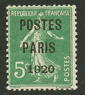 PREOBLITERE : POSTE PARIS 1920 5c (n°24) Neuf * (quasiment **) . Cote 430€. Signé CALVES. TTB. - Otros & Sin Clasificación