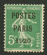 PREOBLITERE : POSTE PARIS 1920 5c (n°24) Neuf ** . Cote 850€. Signé CALVES. TTB. - Autres & Non Classés
