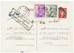 1942 CARTE 1F20 PETAIN + ESPAGNE 20c + 1P Obl. BARCELONA + CENSURE BARCELONA Pour NARBONNE. TTB. - Marques D'armée (avant 1900)