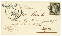 1849 20c Noir (n°3) TTB Margé Obl. Grille + Cursive 1 PONCIN + T.13 CERDON Sur Lettre. Cote 700€. Ex. Collection DUBUS.  - 1849-1850 Cérès