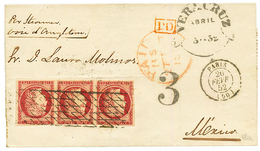 1852 Bande De 3 Du 1F CARMIN (n°6) Avec Défauts Obl. Grille Sans Fin Sur Lettre De PARIS Pour MEXICO. RARE. Signé CALVES - 1849-1850 Cérès
