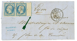 1854 Paire 20c (n°14) Avec FILET D' ENCADREMENT Obl. PC + T.15 NIMES Sur Lettre. Filet Légèrement Touché En Bas à Droite - 1853-1860 Napoléon III