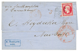 1861 80c (n°17) TTB Margé Obl. PC 1495 + Taxe 3 Rouge Sur Lettre Du HAVRE Pour NEW YORK (USA). Superbe. - 1853-1860 Napoléon III