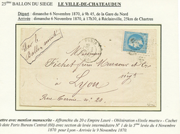 "VILLE DE CHATEAUDUN" : 20c (n°29) Obl. Etoile + PARIS 4 Nov 70 Sur Lettre Avec Texte Pour LYON (9 Nov 70). Signé BRUN.  - War 1870