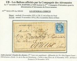 "GENERAL ULRICH" : 20c (n°29) Obl. Etoile + PARIS 16 Nov 70 Sur GAZETTE DES ABSENT N°7 + SUPPLEMENT N°7 Pour EVREUX (24  - War 1870