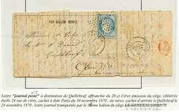 "L' ARCHIMEDE": 20c (n°37) Obl. Etoile 24 + PARIS 19 Nov 70 Sur JOURNAL POSTE N°5 Pour QUILLEBOEUF (24 Nov 70). TB. - War 1870