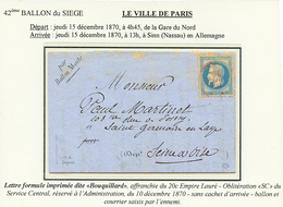 "LA VILLE DE PARIS": 20c (n°29) Obl. PARIS SC Rouge 15 Dec 70 Sur Lettre Formule Imprimé "BOUQUILLARD" Avec Texte Pour S - Guerre De 1870