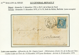 "LE GENERAL RENAULT": 20c (n°29) Obl. Etoile 24 + PARIS R. DE CLERY 10 Dec 70 Sur Lettre Avec Texte Pour BORDEAUX (20 De - War 1870