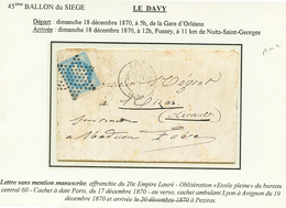 "LE DAVY" : 20c (n°29) Obl. Etoile + PARIS 17 Dec 70 Sur Lettre Avec Texte Pour MIZAS. Verso, LYON A AVIGNON 19 Dec 70.  - Guerre De 1870