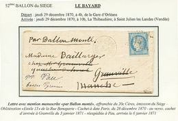 20c (n°37) Obl. Etoile 15 + PARIS 28 DEC 70 Sur Lettre Avec Texte Pour GRANVILLE (3 Janv 71) Réexpédiée à PAU (6 Janv 71 - War 1870