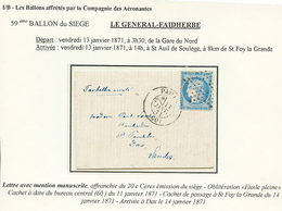 "LE GENERAL FAIDHERBE Via ST FOY LA GRANDE" : 20c (n°37) Obl. Etoile + PARIS 11 JANV 71 Sur Lettre Avec Texte Pour ST PA - Guerre De 1870