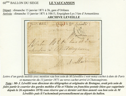 "LE VAUCANSON" : Mention Manus. "GARDE MOBILE Au BON SOIN De Mr LEVEILLE" Sur Lettre Avec Texte PARIS 13 Janv 71 Pour CH - War 1870