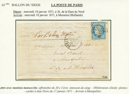 "LA POSTE DE PARIS" : 20c (n°37) Obl. Etoile + PARIS 17 Janv 71 Sur Lettre Avec Texte Pour MONTPELLIER. Signé CALVES. TT - Guerre De 1870