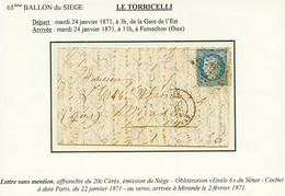"LE TORRICELLI" : 20c (n°37) Obl. Etoile + PARIS 22 Janv 71 Sur Lettre Avec Texte Pour MIRANDE (2 Fev 71). Signé ROUMET. - War 1870