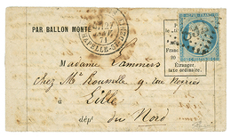 BALLON "GENERAL CAMBRONNE" : 20c(n°37) Obl. GC 892 + PARIS CHAPELLE ST DENIS 27 Janv 71 Sur Lettre Pour LILLE (4 Fevr 71 - War 1870