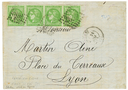 1871 Bande De 4 Du 5c BORDEAUX (n°42) Pd PERCE En LIGNES Sur Lettre De NIMES Pour LYON. Rare Sur 5c BORDEAUX. Signé SCHE - 1870 Bordeaux Printing