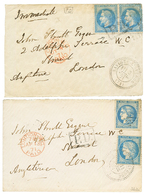 1871 Mixte 20c BORDEAUX (n°46Ac) Bleu-Gris TTB Margé + 20c SIEGE (n°37) Obl. T.24 SAVIGNE-LEVEQUE Sur Lettre Pour LONDRE - 1870 Bordeaux Printing