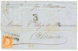 1862 40c(n°16) Obl. ESTRANGERO BARCELONA + Taxe 3 Sur Lettre De MARSEILLE Pour ALICANTE. TTB. - Maritime Post