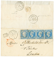 "LIGNE L + LIGNE A" : 1867 20c (n°22)x4 Obl. ANCRE + LA GUAYRA Sur Lettre Pour L' ANGLETERRE. Verso, LIGNE A PAQ FR. N°3 - Poste Maritime